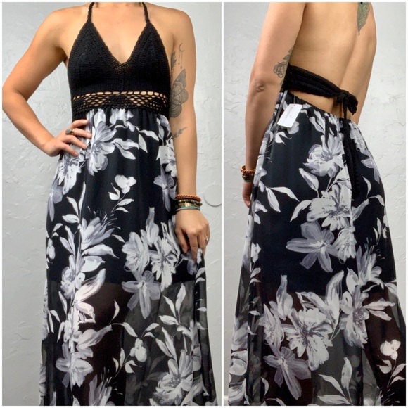 black top floral bottom maxi dress